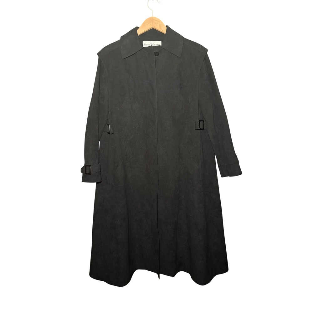 Jerry Silverman by Saulino Vintage Black Faux Suede Trench Coat 8 Buckle Detail